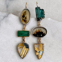 Teal Tourmaline, Dendritic Agate and Golden Star Rutilated Quartz Earrings
